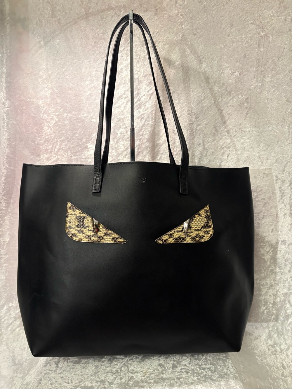 Fendi Bag Bugs Snake Monster Eyes Leather Tote Bag in Black